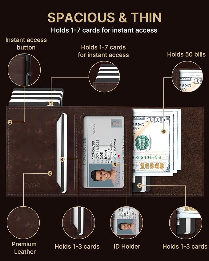 typecase Mens Wallet Card Holder: Pop Up Aluminum Case, Genuine Leather, Smart, RFID Blocking, Slim, Minimalist, Front Pocket - 9-14 Card Capacity | ID Window | Cash Slot (Oil Wax Brown)