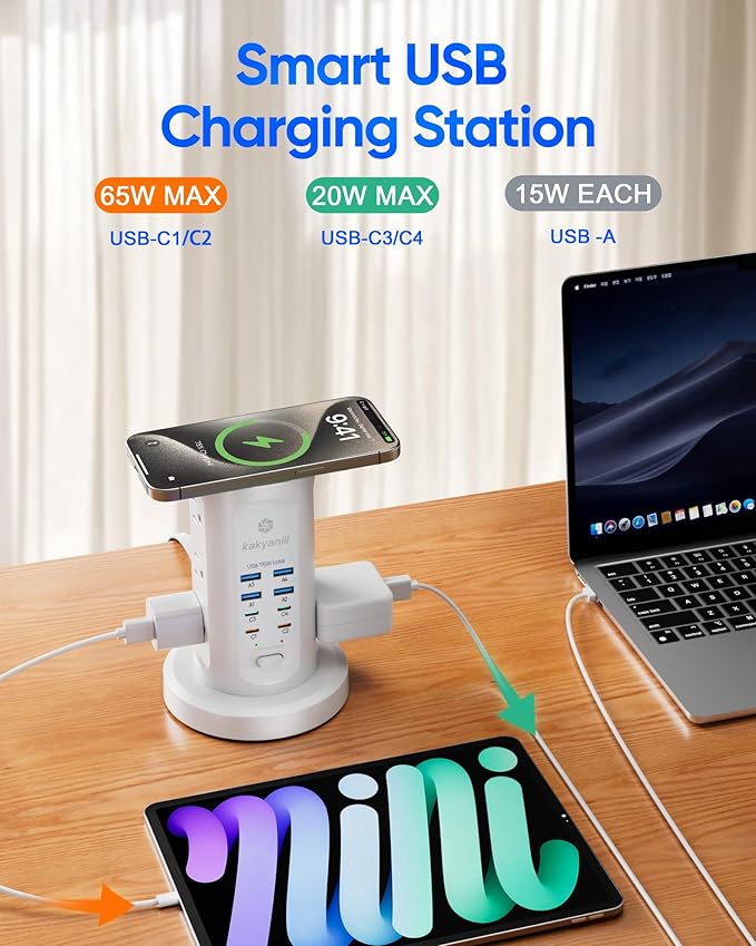 Power Strip Tower, PD 65W USB Charging Tower, kakyanill Surge Protector Tower 9 AC Outlets 8 USB (4 USB C), 6 Ft Retractable Extension Cord, Charging Station for Office Dorm Room, White