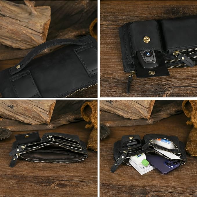 Water Resistant Canvas + Leather Hiking Riding Travel Fanny Waist Pack Small Phone Pouch For Men Women FB811-29 (100% Leather-Thick Black)