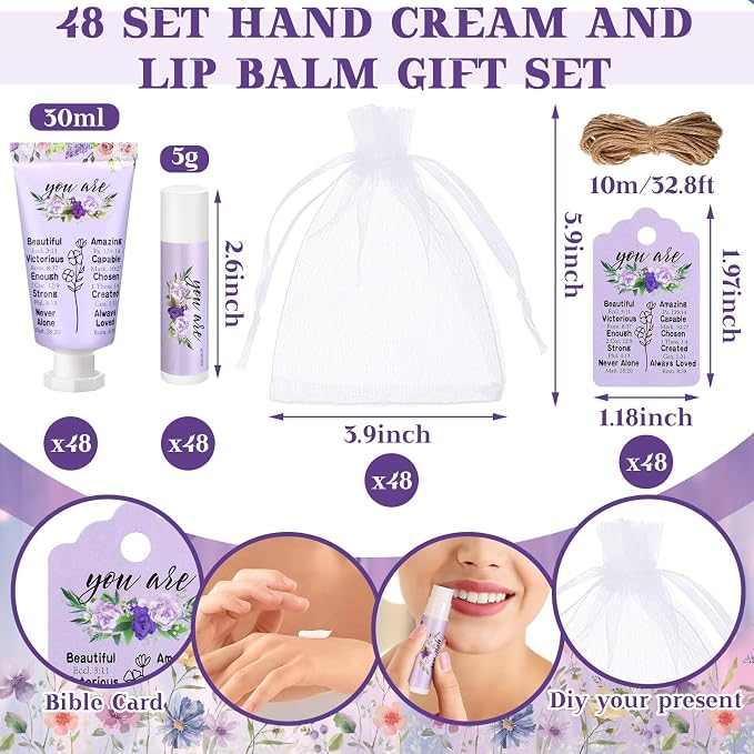 48 Sets Christian Graduation Gifts Hand Cream and Lip Balm Bulk Teacher Appreciation Gifts Travel Size for Her Bible Verse Thank You Cards with Organza Bag Tag for Graduation Supplies(Elegant)
