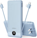 VEGER Portable Charger Power Bank with Built-in AC Plug and Cables, All in One 10000mAh Ultra Slim Travel Essentials, Fast Charging Battery Pack Compatible with iPhone, Samsung, Android (Blue)