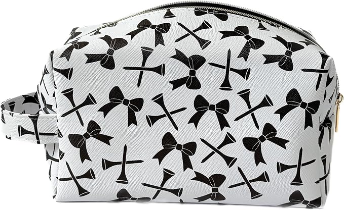 Sassy Caddy Black and White Tees and Bows Makeup Bag for Women – Golf Accessory Pouch, PU Leather Cosmetic Organizer, Sunscreen Toiletry Case with Handle, Water-Repellent Lining, Cute Travel Gift