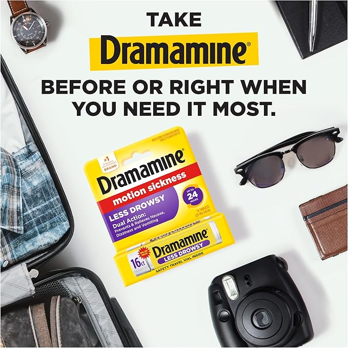 Dramamine Motion Sickness Less Drowsy, for Nausea Relief During Travel, 16 Count