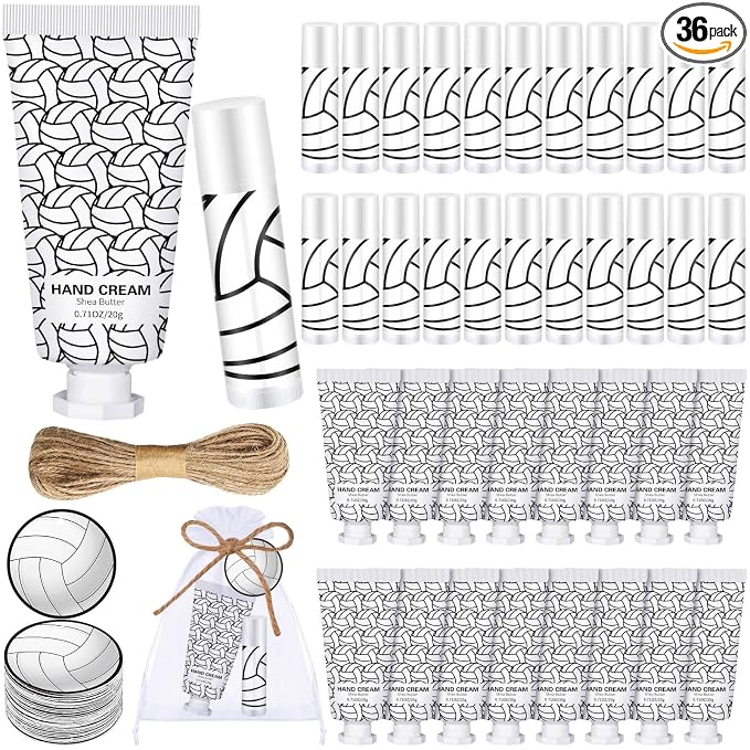 144 Pcs Lip Balm Hand Cream Set Party Favors, Include 36 Lip Balm 36 Moisturizing Hand Cream 36 Bags 36 Cards and Ropes for Accessories Gifts(Black and White,Volleyball)