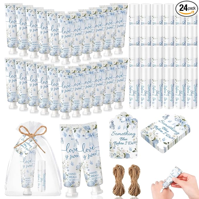 24 Sets Something Blue Before I Do Bridal Shower Hand Cream and Lip Balm Gift Floral Blue Bow Bridal Shower Favors for Guests Travel Size Love Is Sweet Hand Lotion and Lip Balm Bulk Party Supplies