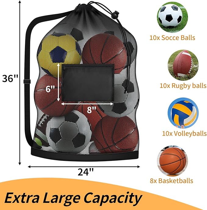 Extra Large Mesh Ball Bag, Heavy Duty Drawstring Storage Bag, 24" x 36" Hold 8-10 Soccer Basketball Volleyball Football, Sports Equipment Sack Net Bags with Shoulder Strap and Pocket for Coaches