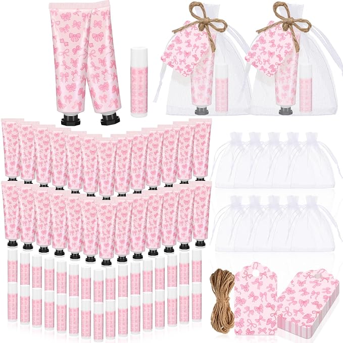 48 Sets Pink Bow Baby Shower Favors Bulk Coquette Baby Shower Gifts for Guests Include 48 Hand Cream and 48 Lip Balm Pink Bow Gender Reveal Decorations for Guests Friends
