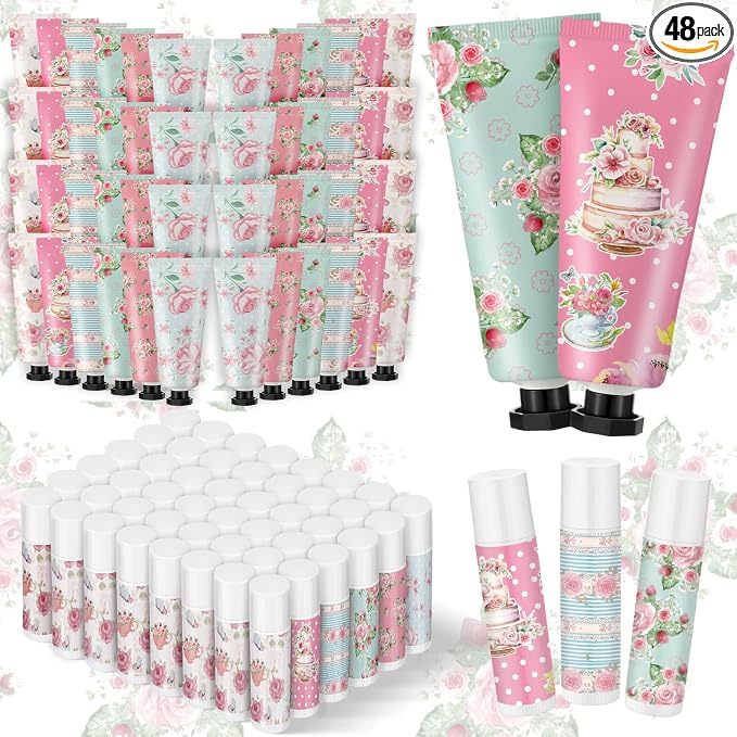 48 Sets Tea Party Favors Mini Hand Cream Lip Balm Bulk Gift Set for Women Wedding Party Favors for Guests Travel Size Hand Lotion Vintage Floral Moisturizing Lip Balm Gifts for Baby Shower