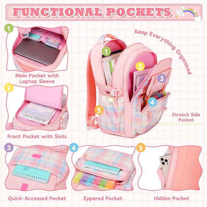 MUSEVOS Girls Backpack, Ideal School Backpack for Girls from Elementary to Teen Years, Kawaii Bookbag Cute Large Capacity