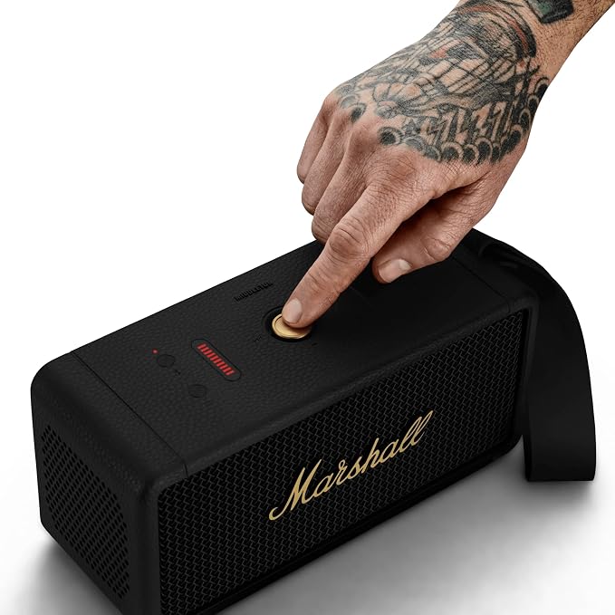 Marshall Middleton Portable Bluetooth Speaker - Rugged Waterproof/Dust-proof Design | Loud Stereo Sound, Deep Bass | Compact and Wireless for Travel and Outdoors - Black and Brass
