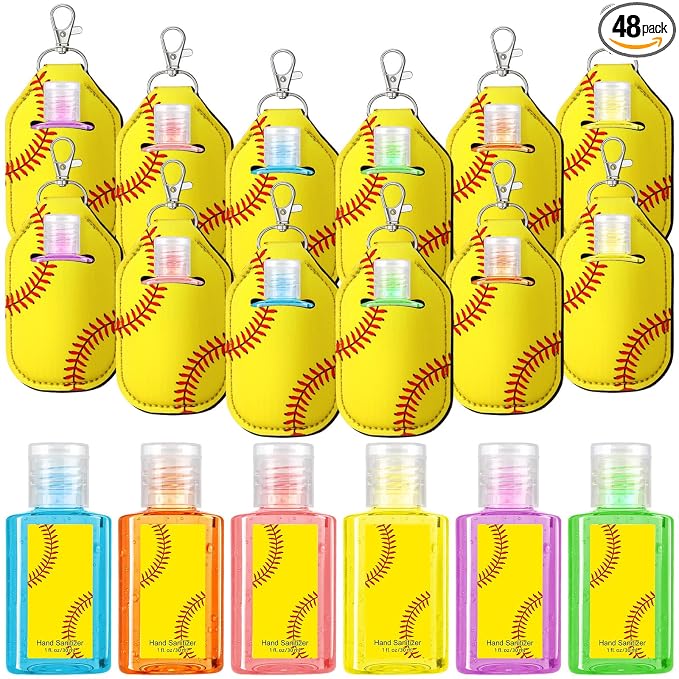Frienda 48 pack Softball Party Favors Set 24 Pcs Mini Hand Sanitizers and 24 Pcs Keychain Holders Travel Size Sanitizers for Softball Players Coaches Fans Gifts for Team Sports Party Supplies