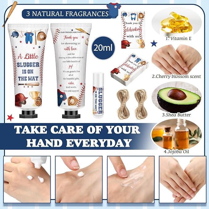 50 Sets 200 Pcs Baby Shower Hand Lotion and Lip Balm Gift a Little Slugger Is on the Way Theme Baby Shower Party Favors Travel Size Hand Lotion and Lip Balm Bulk with Organza Bags Tags