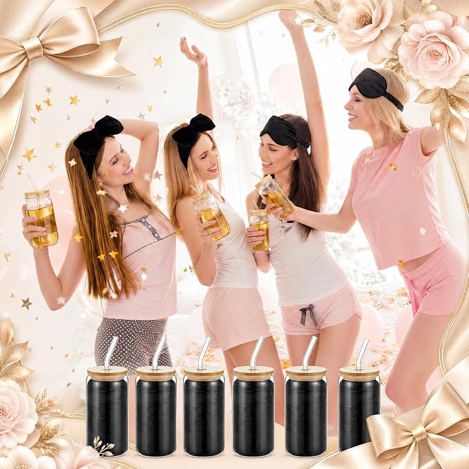 37 Pcs Party Supplies for Girls, 6 Kit Girls Birthday Gifts Including Glass Cups, Hairbands, Sleep Eye Mask, Headband, Brush, Tote Bags with Ribbon for Women Black Spa Sleepover Party Favor