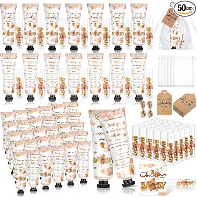 50 Sets 200 Pcs Baby Shower Hand Lotion and Lip Balm Gift Theme Baby Shower Party Favors Travel Size Hand Lotion and Lip Balm Bulk with Organza Bags Tags(Bear)