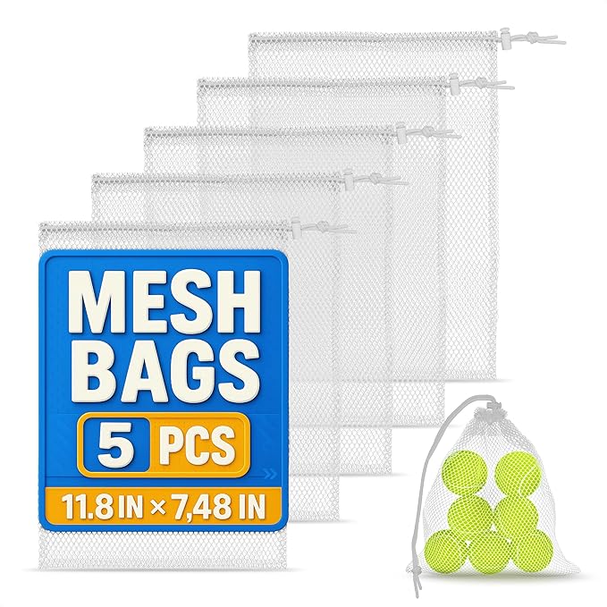 5 PCs Mesh Laundry Bags Drawstring – Small Mesh Bag White 11.8 x 7.48" – Multipurpose Nylon Net Bags with Tight Closure for Storing Balls, Clothes, Sports Gear at Gym, Beach, Laundry, & Travel Use