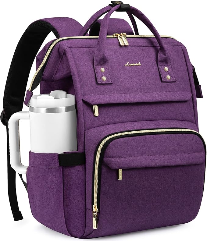 LOVEVOOK Laptop Backpack for Women with Giant Tumbler Holder Pocket,17 inch Waterproof Travel Backpack Purse Computer Laptop Bag,Professional Work College Nurse Teacher Backpack Daypack,Dark Purple