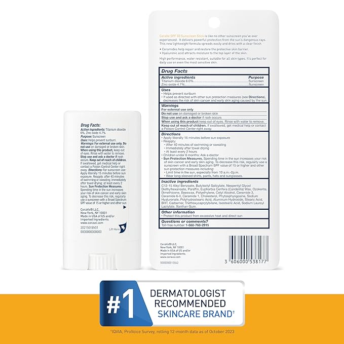 CeraVe Mineral Sunscreen Stick SPF 50, Broad Spectrum SPF + Hyaluronic Acid + Ceramides, Titanium Dioxide & Zinc Oxide, 100% Mineral Face Sunscreen Stick, Fragrance Free & Oil Free