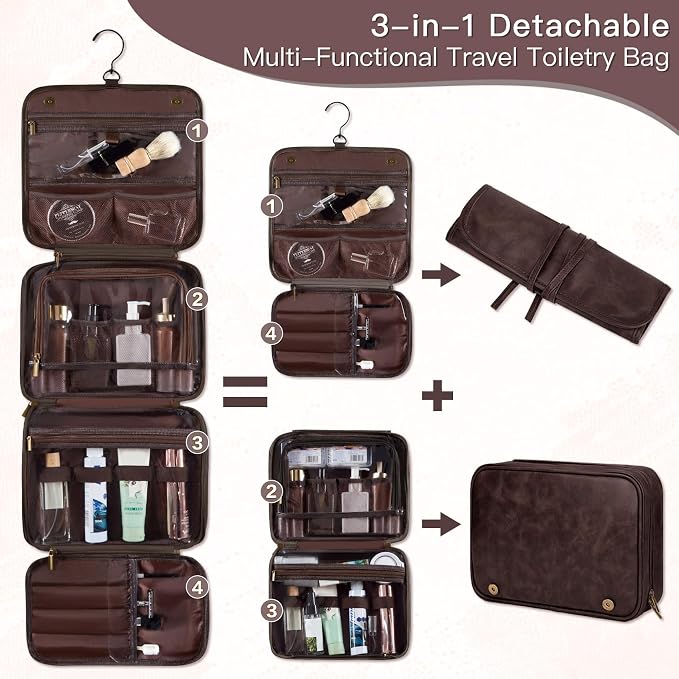 Personalized Gifts 3-in-1 Hanging Travel Toiletry Bag for Men, Laser-Engraved Initial Waterproof PU Leather Shaving Bag Valentines Easter Birthday Gifts for Men Dad Husband Son Dark Brown P