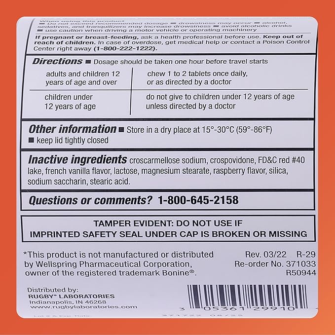 Rugby Meclizine Chewable Tablets 25mg - Anti-Nausea Support Helps with Symptoms of Motion Sickness - 1,000 Count