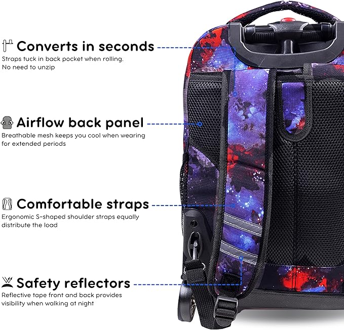J World Sunrise Kids Rolling Backpack for Girls Boys. Roller Bookbag With Wheels For School, Galax