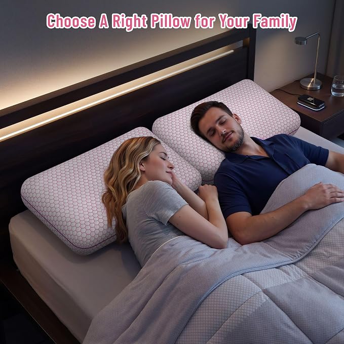 CushyOasis Memory Foam Pillows for Side, Back and Stomach Sleepers, Set of 2, Bed Pillow with Washable Cover and Breathable Mesh, Bed Pillow for Sleeping (Pink，Standard Size)