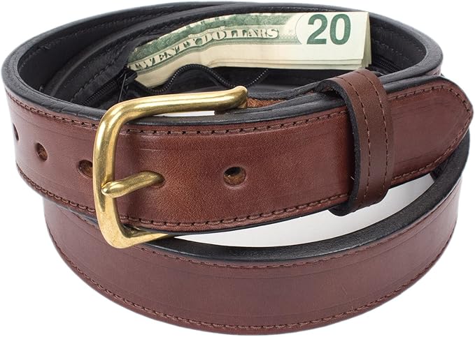 Hidden Money Pocket Travel Leather Belt (Size 44, Brown)