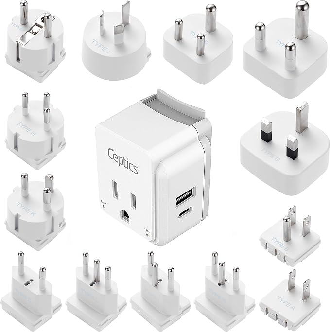 Ceptics International Power Plug Adapter Travel Set, 20W PD & QC, Safe Dual USB & USB-C 3.1A - 2 USA Outlet - Compact - Use Europe, Asia, Africa In Worldwide - Includes 13 Type SWadAPt Attachments