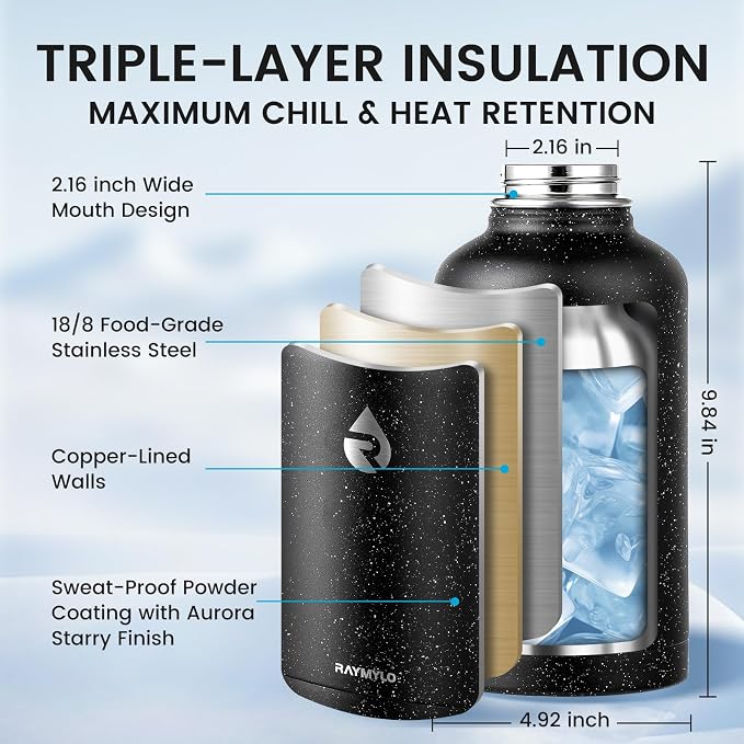 RAYMYLO Insulated Water Bottle 64 oz, Triple Wall Vacuum Stainless Steel (Cold for 48 Hrs), Leak Proof & Non-BPA, Half Gallon Water Flask Jug with Paracord Handle & Straw Spout Lids