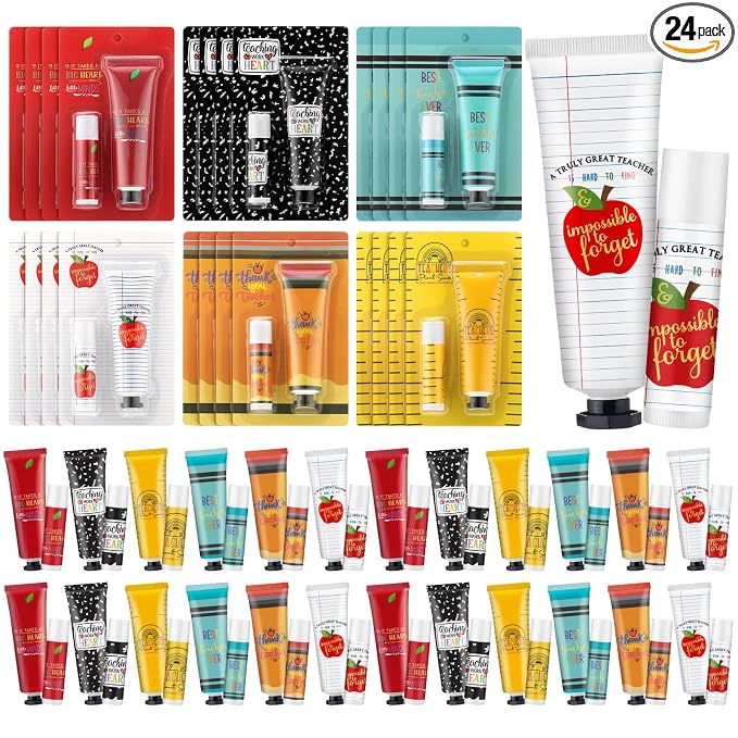 Loopeer 24 Sets Teacher Appreciation Gifts Bulk Hand Cream & Lip Balm Set Thank You Gifts for Teachers Staff Coworkers End of Year Graduation Travel Size Lotion Party Favors