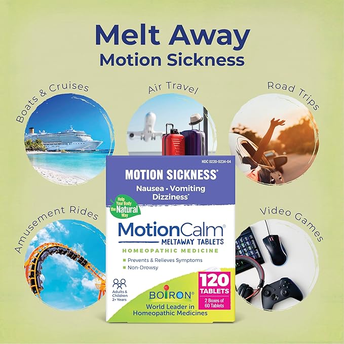 Boiron MotionCalm Relief for Nausea, Vomiting, or Dizziness from Motion Sickness, Carsickness, Seasickness, Amusement Rides, and Video Games or VR - Non-Drowsy - 120 Count (2 Pack of 60)