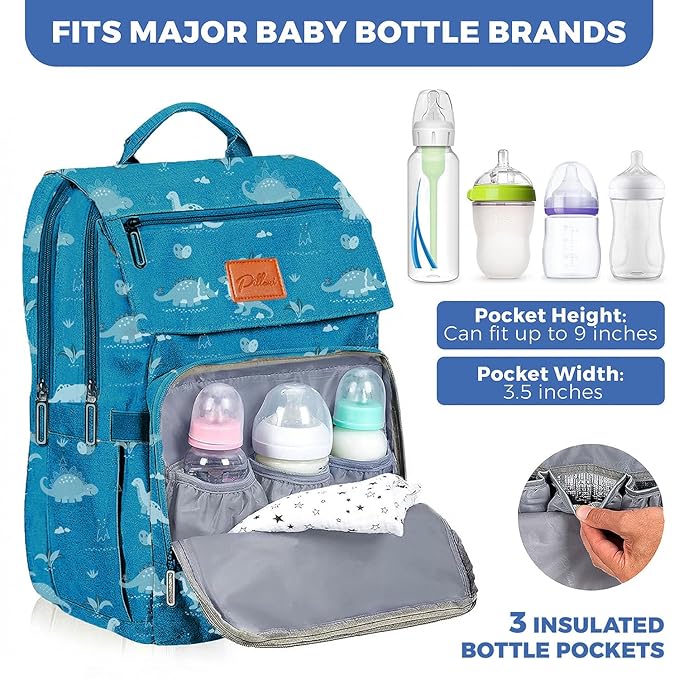 PILLANI Baby Diaper Bag Backpack - Large Waterproof Travel Diaper Bag for Boys & Girls, 16 Organizer Pockets with Changing Pad, Insulated Bottle Pockets & Stroller Straps, Baby Shower Gifts, Dinosaur