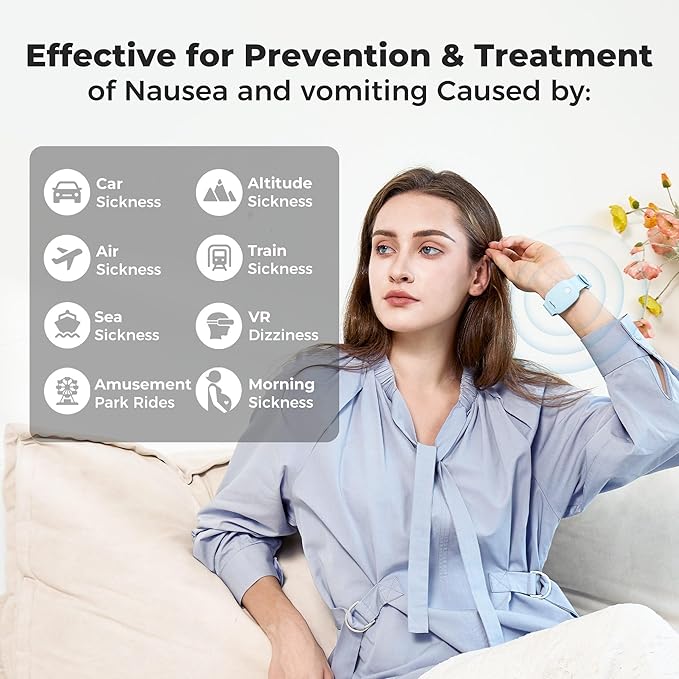 EmeTerm Fashion Anti-Nausea Wristband Relieve Morning Motion Travel Sickness Rechargeable Drug Free Bands without Side Effects - Extra 2pack Conductive Gel (Blue - Extra 2pack Conductive Gel)