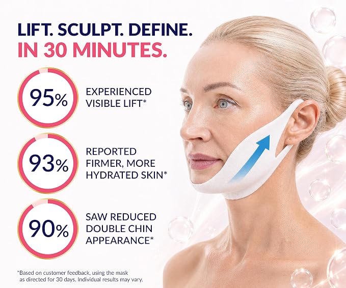 Stylia V Line Lifting Collagen Mask - Lift, Firm & Contour Jawline - Tightening Double Chin Strap with Hyaluronic Acid & Aloe - Neck Tightening and Lifting Mask - Jawline Shaper Face Lift Tape (7PC)