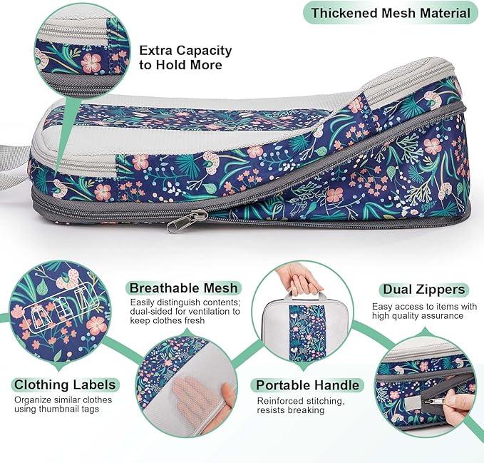 6 Set Compression Packing Cubes for Travel Essentials,Compressible Expandable Packing Cubes for Suitcase,OlarHike Luggage Garment Bags for Travel,Handy Helper for Organizing Clothes(Dark Blue Floral)