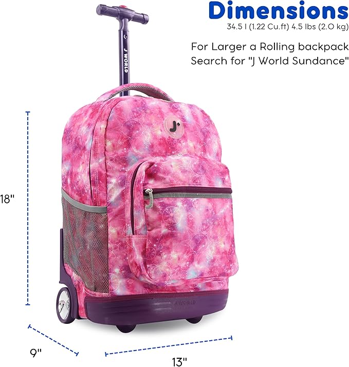 J World Sunrise Kids Rolling Backpack for Girls Boys. Roller Bookbag With Wheels For School, Purple Galaxy