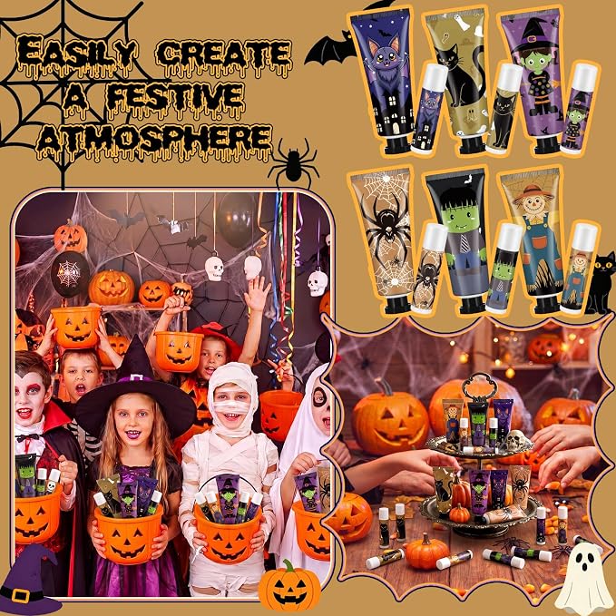 12 Pack Halloween Hand Cream and Lip Balm Gifts Sets for Women Mini Hand Lotion Bulk Travel Size Moisturizing Cream Halloween Party Favors for Boo Basket Stuffers 6 Natural Plant Fragrances