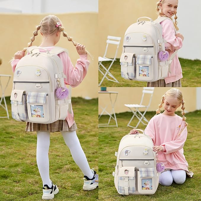 Backpack for Girls 15.6 Inch Laptop School Bag Kids Elementary College 3pcs Backpacks Lunch box Pencil Case Set Bookbags for Girls Teen Women Student Beige
