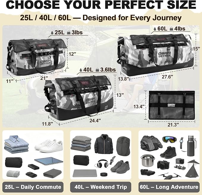 OSAH DRYPAK Waterproof Duffel Bag 25L/40L/60L – Heavy-Duty Motorcycle Tail Bag, Roll-Top Dry Bag for Travel, Camping, Boating, Kayaking, Outdoor Adventure