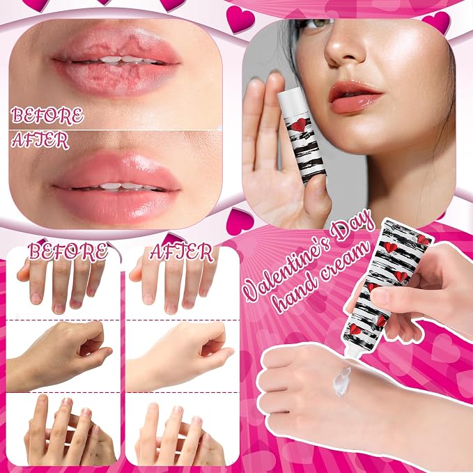 Loopeer 6 Sets Valentine's Day Hand Cream Lip Balm Bulk Gifts Galentine's Day Gift Valentine Party Favor Love Heart Mini Travel Size Moisturizing Hand Lotion for Women Coworker Teacher Nurse, 30 ml