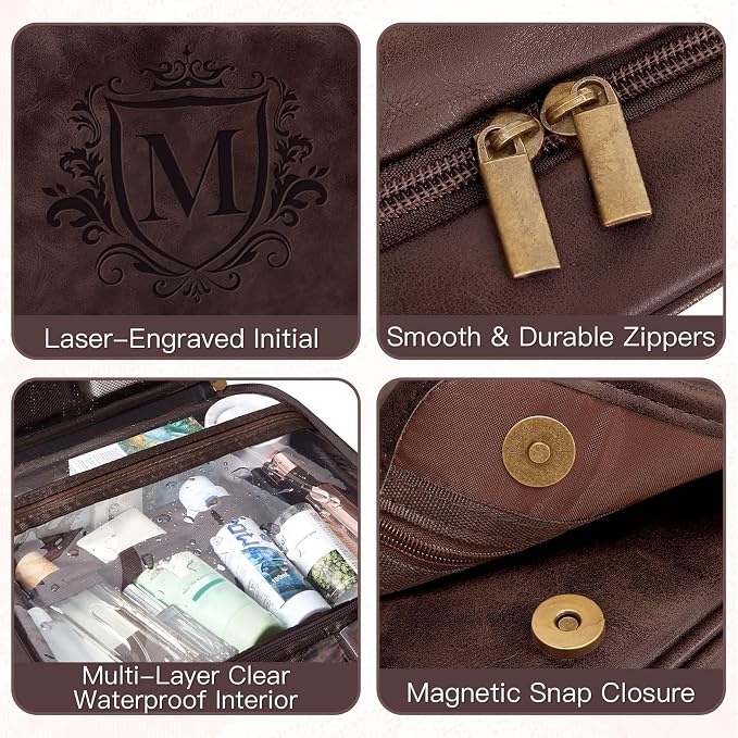 Personalized Gifts 3-in-1 Hanging Travel Toiletry Bag for Men, Laser-Engraved Initial Waterproof PU Leather Shaving Bag Valentines Easter Birthday Gifts for Men Dad Husband Son Dark Brown P