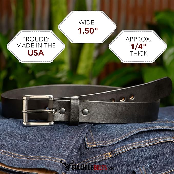 Bullhide Belts, Non Stitched Mens Leather Belt for Work, CCW Carry, 1.50" Wide, USA Made