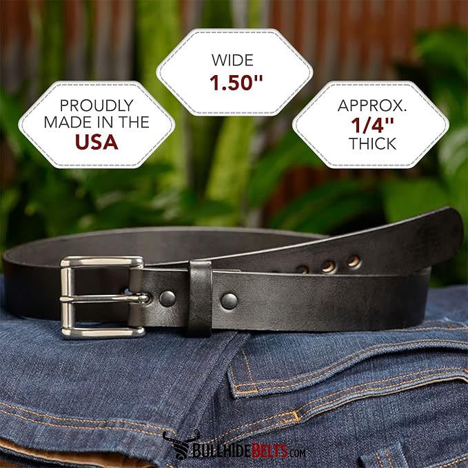 Bullhide Belts, Non Stitched Mens Leather Belt for Work, CCW Carry, 1.50" Wide, USA Made