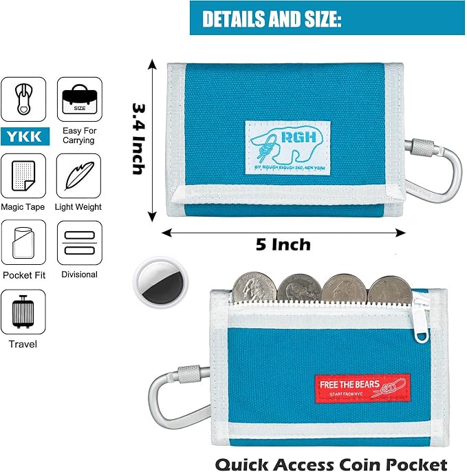 Rough Enough Kids Wallet for Boys Ages 6-16, Canvas Trifold with Neck Lanyard, Zipper Coin Pockets, Card Slots for Campus, Camping and Travel, Light Blue