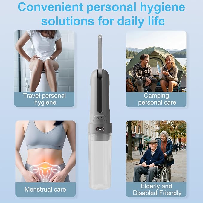 Electric Portable Bidet for Business & Camping, Whisper-Quiet Handheld Sprayer with 3 Pressure Modes, 1600mAh USB-C Rechargeable, IPX7 Waterproof (Gray)