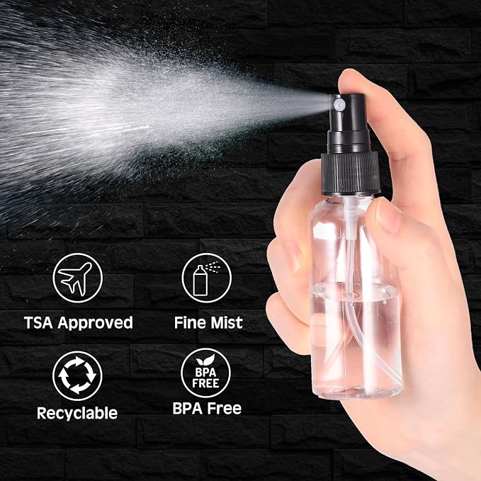 Roshtia 200 Pcs 2 oz Plastic Mini Spray Bottles with Black Cap Clear Empty Fine Mist Spray Bottles Refillable Liquid Container for Essential Oils Perfumes Travel Makeup