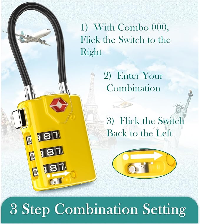 Search Alert TSA Approved Travel Combination Luggage Cable Locks for Suitcase, Gym Locker,Toolbox,Backpack 1,2,4,6 &10 pk (Yellow 4 Pack)