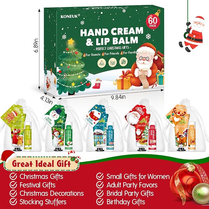 KONEUK 60 Pack Christmas Hand Cream and Lip Balm Set, Stocking Stuffers for Women, Bulk Hand Lotion for Christmas Gifts, Christmas Party Favors, Party Supplies and Christmas Decorations
