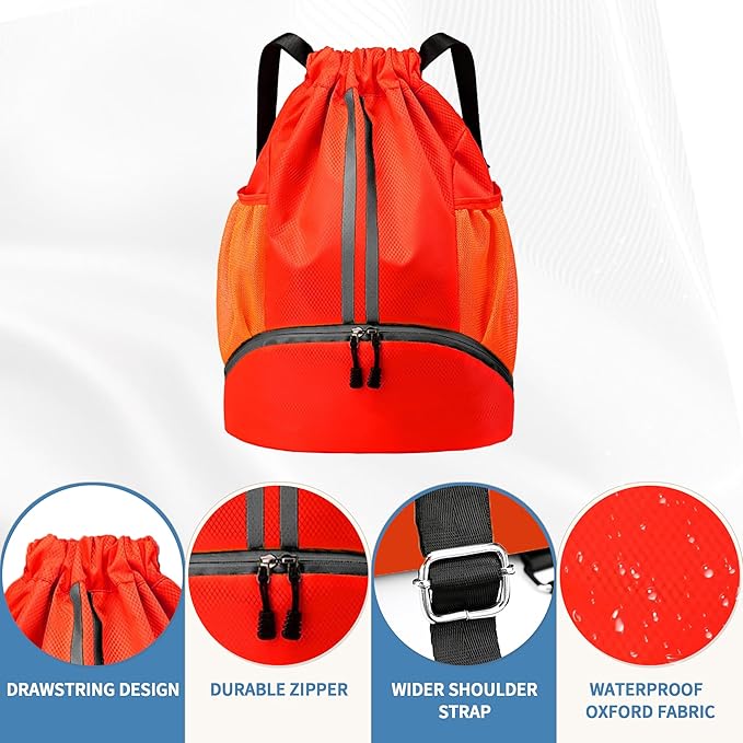 JELUTAR Drawstring Backpack Gym Bag with Shoes Compartment for Soccer, Basketball, Swim, Water-Resistant String Backpack Beach Cinch for Women Men, Red