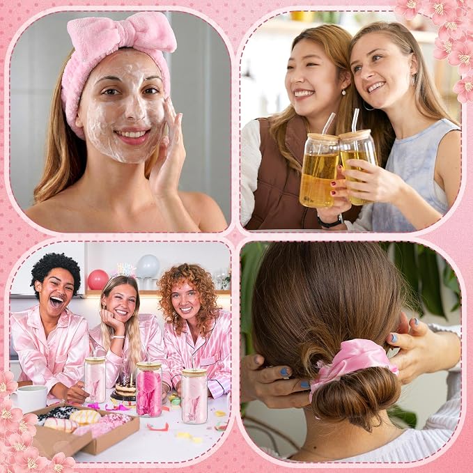 37 Pcs Party Supplies for Girls, 6 Kit Girls Birthday Gifts Including Glass Cups, Hairbands, Sleep Eye Mask, Headband, Brush, Tote Bags with Ribbon for Women Pink Spa Sleepover Party Favor