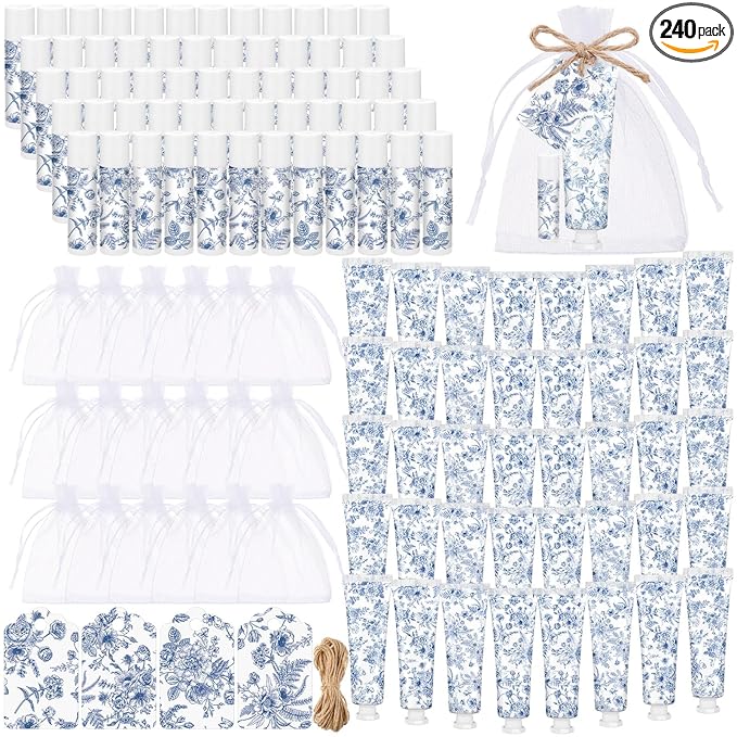 Loopeer 60 Sets Blue Floral Bridal Shower Hand Cream and Lip Balm Gift Bulk Blue Flower Wedding Favors Travel Size Hand Lotion and Lip Balm Wedding Bridal Baby Shower Party Supplies for Guests